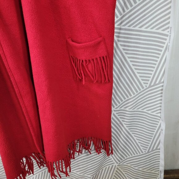 Vintage Fleece Coat One Plus Size 1X 2X 3X 4X Long Warm Red Fringe Pockets Open - Picture 2 of 4